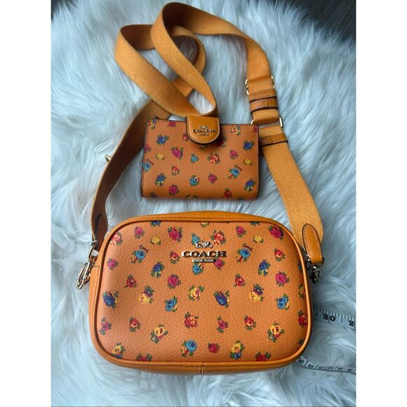 Coach Mini Jamie Camera Bag w Mini Vintage Rose Print IM/Light Orange w wallet - Picture 1 of 11